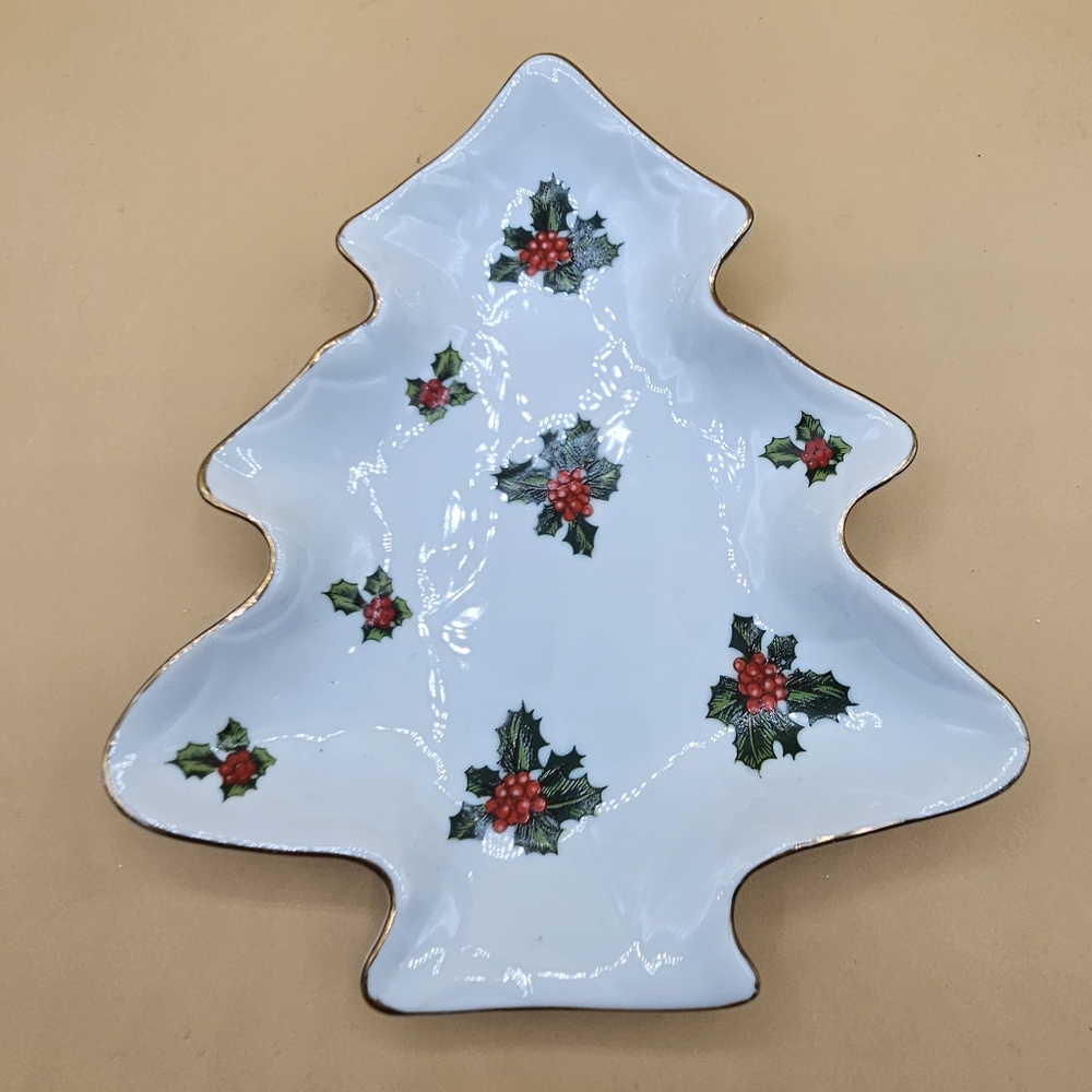 Lefton White Christmas Tree W/Holly Trinket Dish, Plate